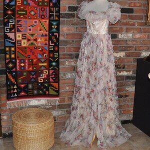 Faeriesty Floral Ruffle Trim Puff Sleeves Floral Prom Maxi Dress high Slit XS